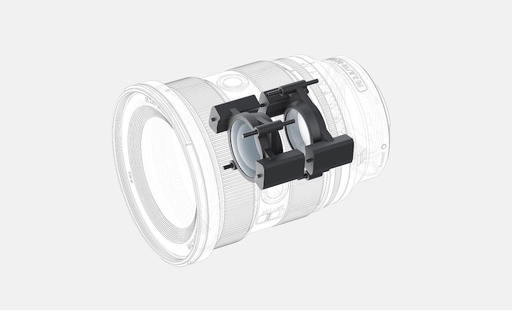 Diagram showing internal locations of actuators employed for the FE 16-35mm F2.8 GM, with 4 groups and 2 elements