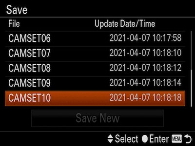 Camera menu for "Save", with the cursor on "CAMSET10"