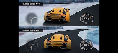 Gambar layar terpisah menampilkan mobil sport kuning dalam game balapan untuk memperlihatkan gameplay yang lebih responsif dengan ALLM